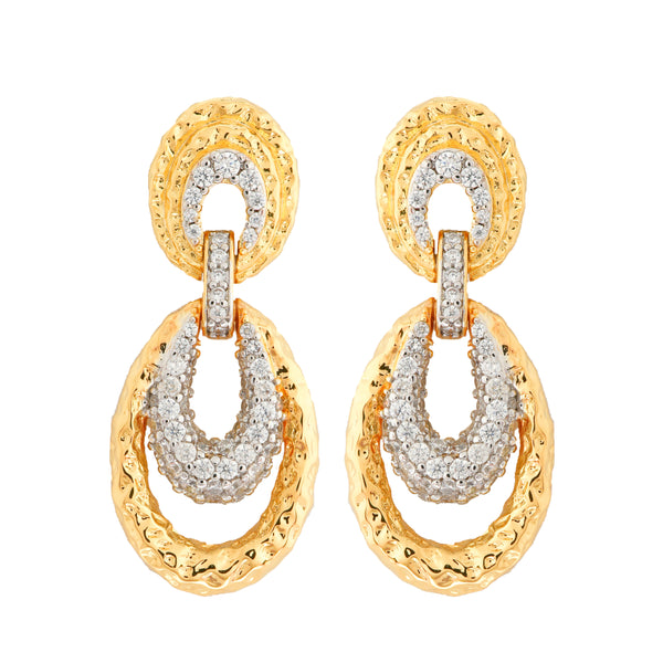 Gold and Diamond Double Hoop Drop Earrings with Textured Finish – Timeless Luxury Statement Jewelry for Elegant Evenings