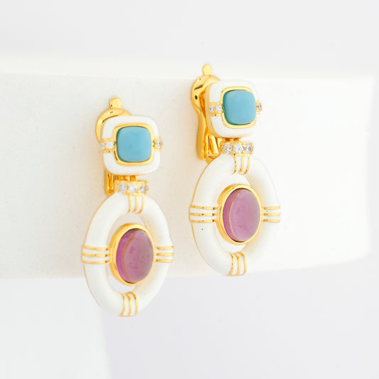 Gold-Plated Dual Gemstone Drop Earrings with Turquoise and Amethyst Accents in White Enamel Frame | Statement Jewelry for Elegant Occasions