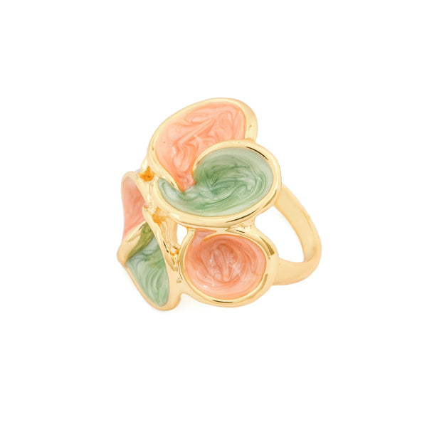 Pastel Flower Floral Statement Ring with Green and Peach Enamel Petals | Elegant Cocktail Jewelry for Weddings, Parties, and Festive Wear