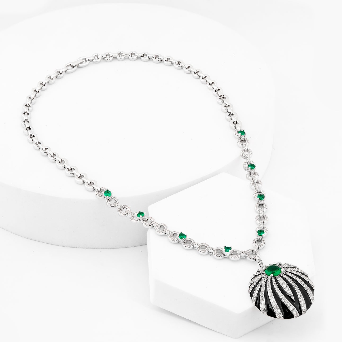 Onyx Emerald and Diamond Chandelier Necklace