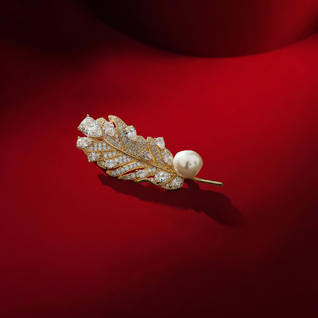 Feathered Pave & Pearl Brooch | Gold-Tone CZ Feather Pin with Marquise & Oval Stones and Large Pearl Accent | Elegant Saree, Shawl & Jacket Brooch