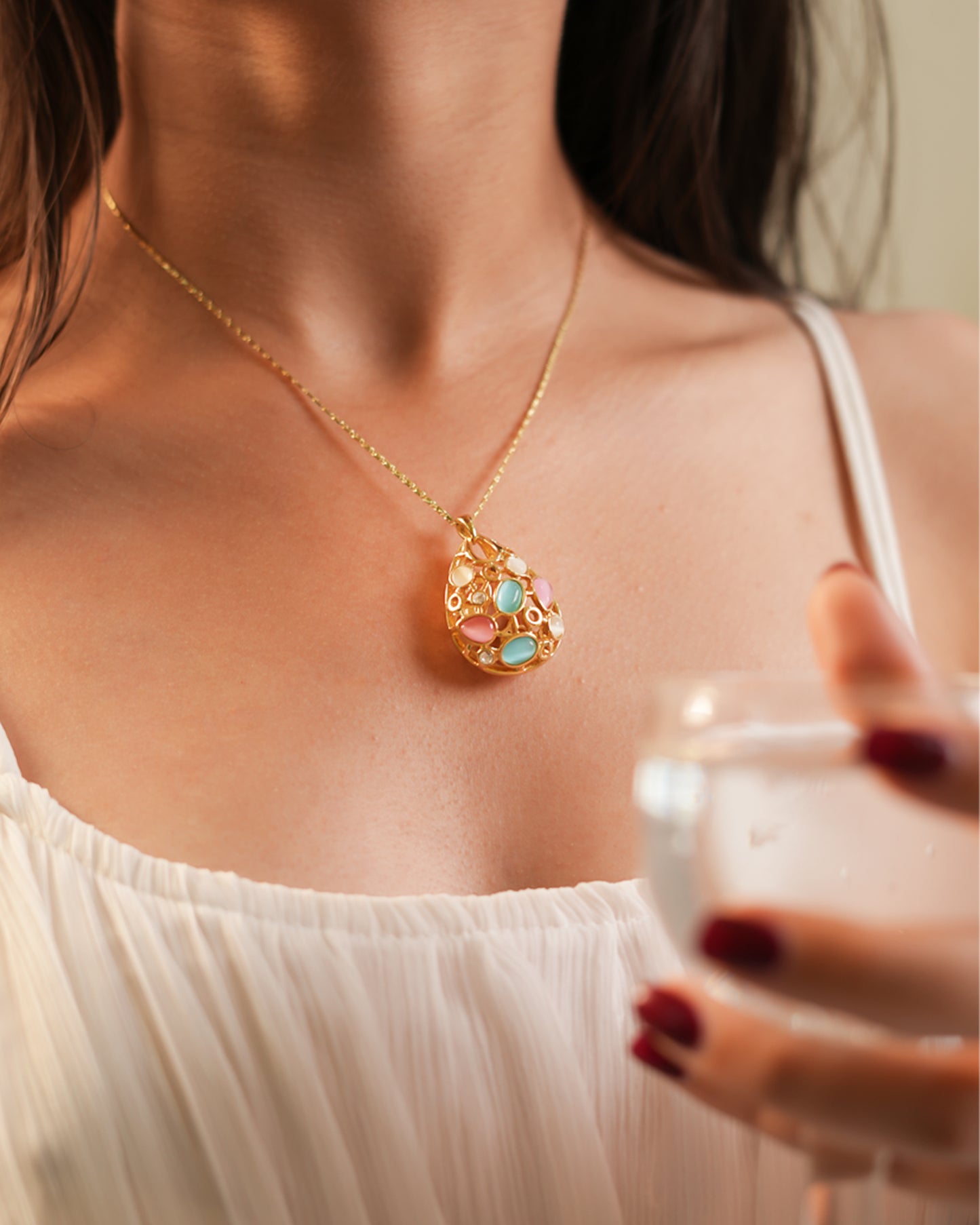 Gold Plated Cat Eye Stone Teardrop Pendant Necklace with Matching Earrings | Elegant Multicolor Jewelry Set for Women | Party & Festive Wear