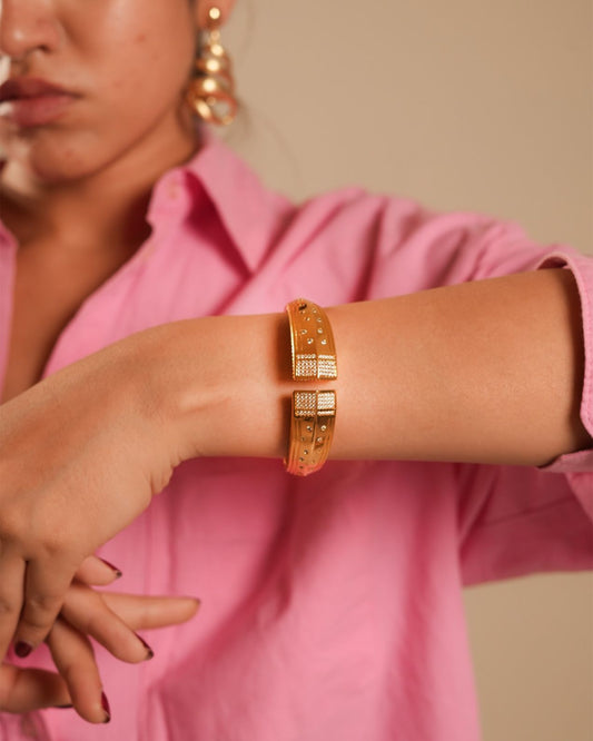 Gold-Plated Geometric Bracelet and Ring Set with Pavé Diamond Look Accents | Modern Statement Jewelry for Special Occasions