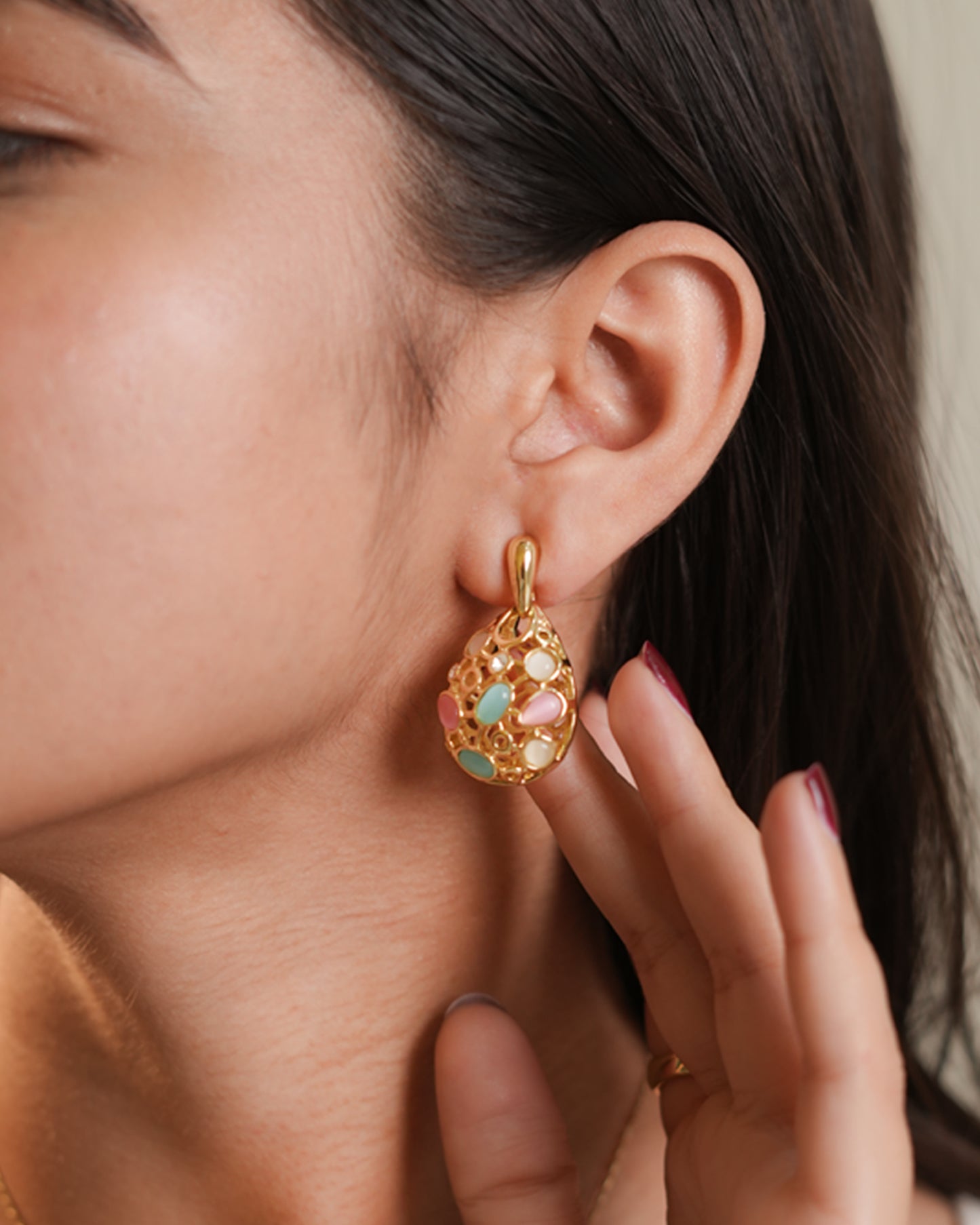 Gold Plated Cat Eye Stone Teardrop Pendant Necklace with Matching Earrings | Elegant Multicolor Jewelry Set for Women | Party & Festive Wear