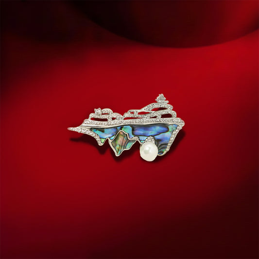 Abstract Abalone Mountain Brooch | Silver Tone Landscape Brooch with Iridescent Abalone Inlay, Pave CZ Waves and Pearl Accent | Artistic Statement Pin for Sarees and Formal Wear