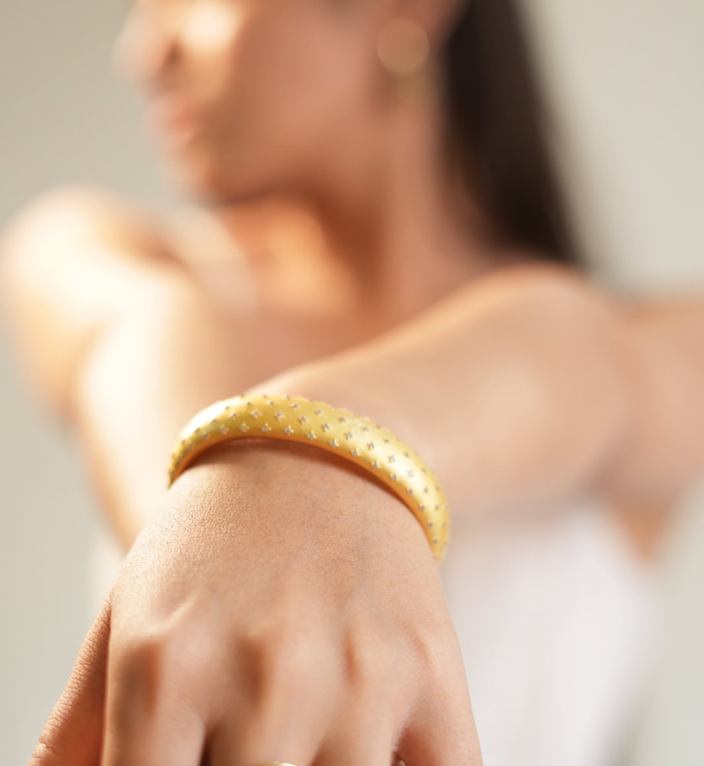 Elegant Matte Gold Cuff Bracelet with Subtle Diamond Look Detailing and Contemporary Rounded Design | Versatile Luxury Jewelry for Day to Night Glam