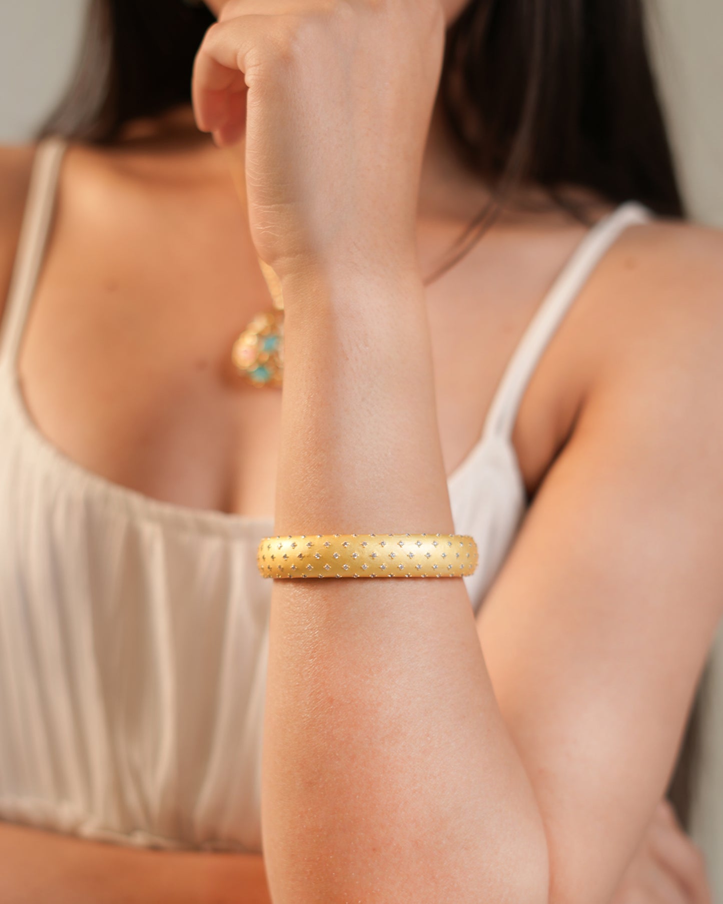 Elegant Matte Gold Cuff Bracelet with Subtle Diamond Look Detailing and Contemporary Rounded Design | Versatile Luxury Jewelry for Day to Night Glam