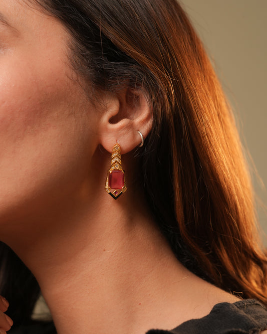 Contemporary Gold-Plated Geometric Drop Earrings with Pink Rectangular Stone and Diamond-Like Chevron Accents for Bold Elegance