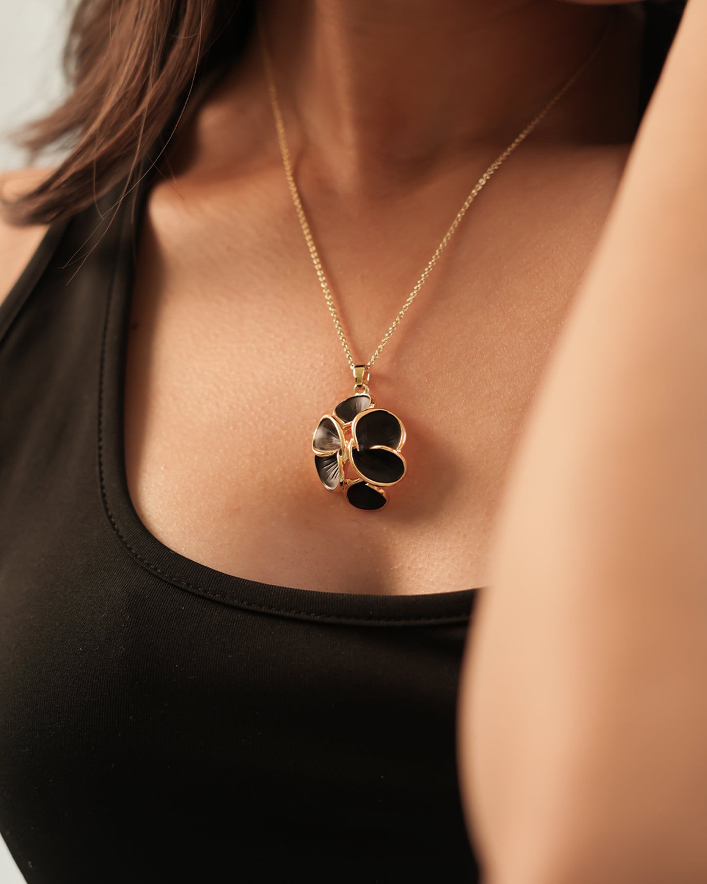 Gold Plated Black Enamel Floral Pendant Necklace with Matching Earrings | Elegant Jewelry Set for Women | Party & Everyday Wear