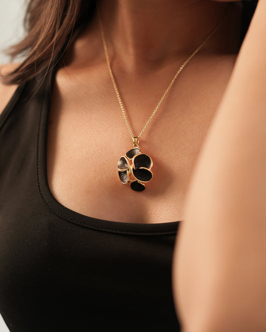 Gold Plated Black Enamel Floral Pendant Necklace with Matching Earrings | Elegant Jewelry Set for Women | Party & Everyday Wear