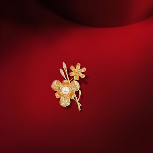 Twin Pave Flower Spray Brooch | Gold-Tone Floral Pin with Dual Sculpted Flowers, Clear CZ Detailing & Central Pearl Accent | Elegant Saree & Shawl Brooch