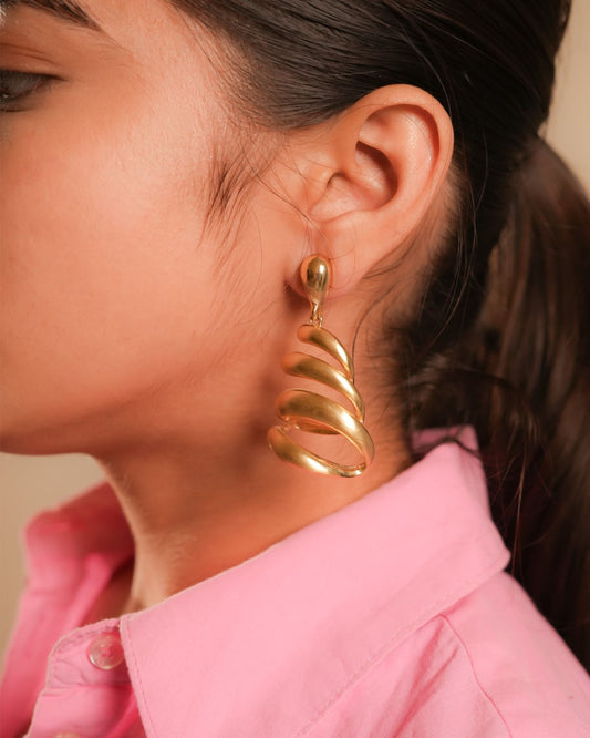 Gold-Plated Spiral Drop Earrings with Fluid Layered Swirl Design and Polished Finish for Bold Festive Glamour