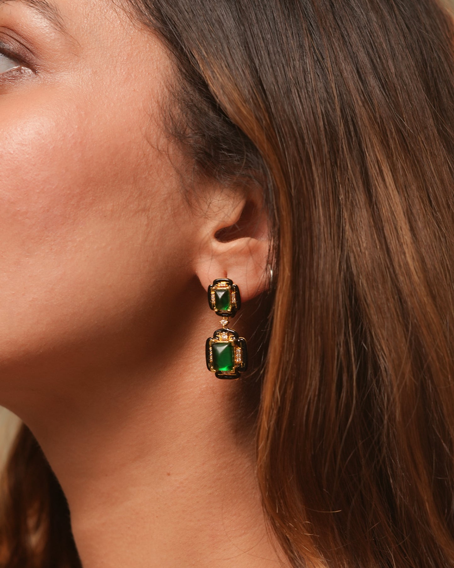 Emerald Green Drop Earrings with Black Enamel Accents and Diamond Highlights in Gold Finish | Vintage Art Deco Inspired Luxury