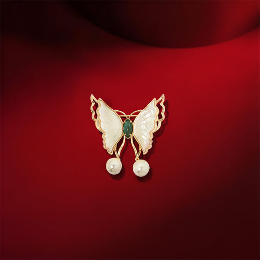 Mother-of-Pearl Butterfly Dangler Brooch | Gold-Tone Enamel Wing Brooch with Green Oval Stone Body & Dual Pearl Danglers | Elegant Saree & Shawl Pin