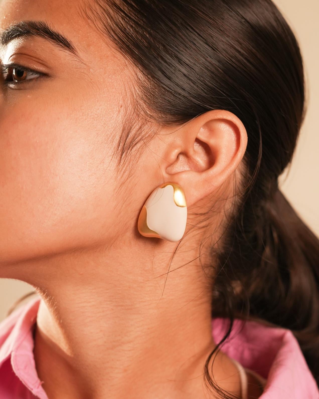 Gold-Plated Abstract Stud Earrings with White Enamel Accents and Minimalist Contemporary Design for Chic Versatility