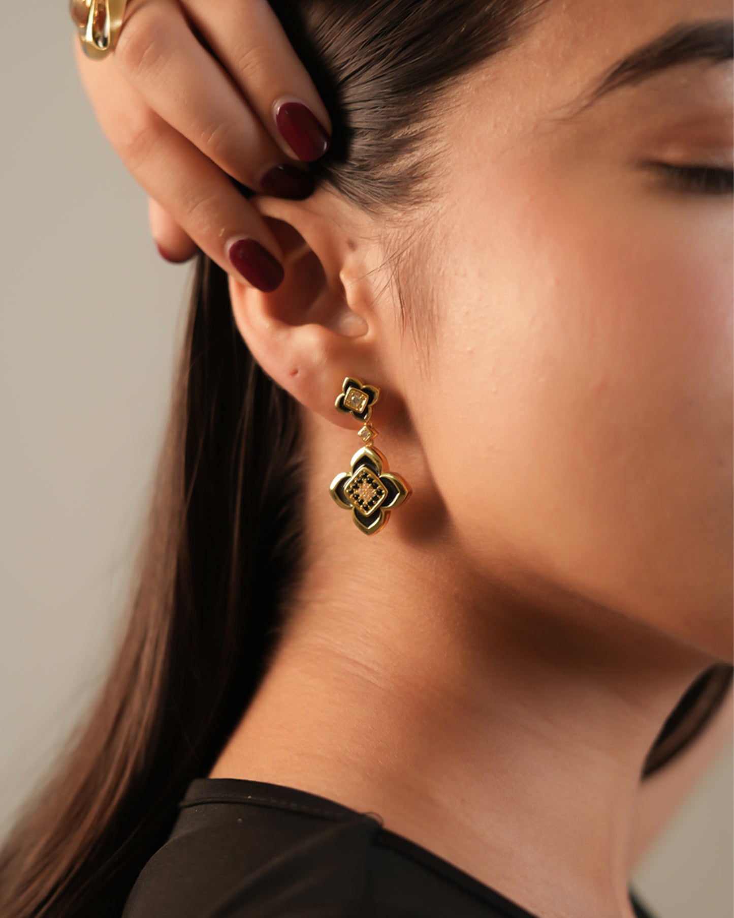 Elegant Black Enamel Floral Drop Earrings with Sparkling White and Black Diamond-Inspired Accents in Platinum Finish