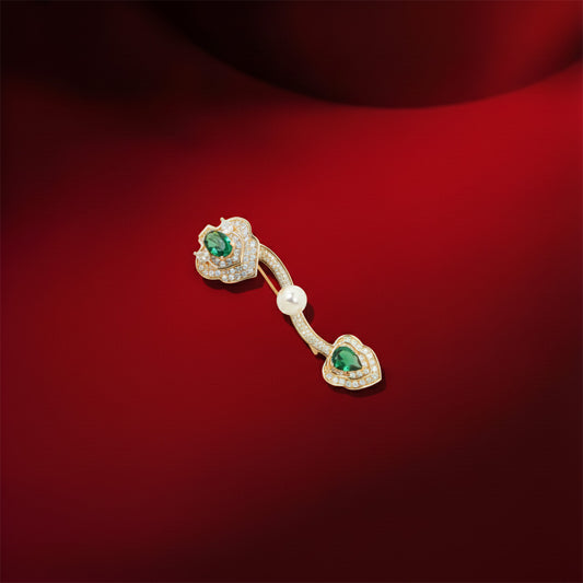 Emerald Bloom Bar Brooch | Gold-Tone Floral Bar Pin with Marquise-Cut Green Stones, Pave CZ Petals & Central Pearl Accent | Elegant Saree & Shawl Brooch