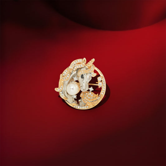 Mystic Unicorn Pearl Brooch | Two-Tone Fantasy Brooch with Gold & Silver Accents, CZ Pave Detailing & Central Imitation Pearl | Elegant Statement Pin