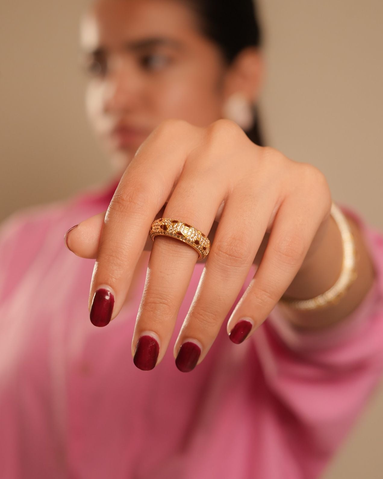 Gold Finish Ruby Red Stone Band Ring for Women with Diamond Look Detailing | Elegant Fashion Jewelry for Party, Wedding, and Daily Wear