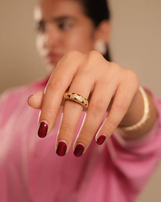 Gold Finish Ruby Red Stone Band Ring for Women with Diamond Look Detailing | Elegant Fashion Jewelry for Party, Wedding, and Daily Wear