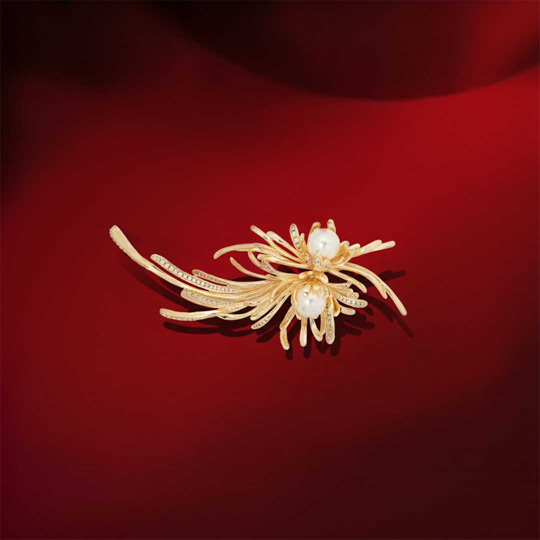 Celestial Burst Pearl Brooch | Gold-Tone Starburst Floral Pin with Pave CZ Stems & Twin Imitation Pearls | Elegant Festive Statement Brooch