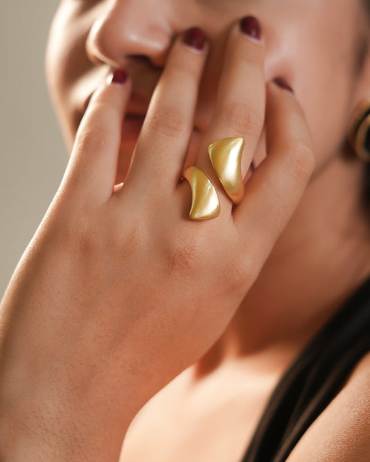 Gold Finish Abstract Wave Statement Ring with Matte Texture and Modern Sculptural Design | Bold Cocktail Jewelry for Contemporary Elegance