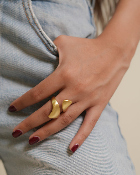 Gold Finish Abstract Wave Statement Ring with Matte Texture and Modern Sculptural Design | Bold Cocktail Jewelry for Contemporary Elegance