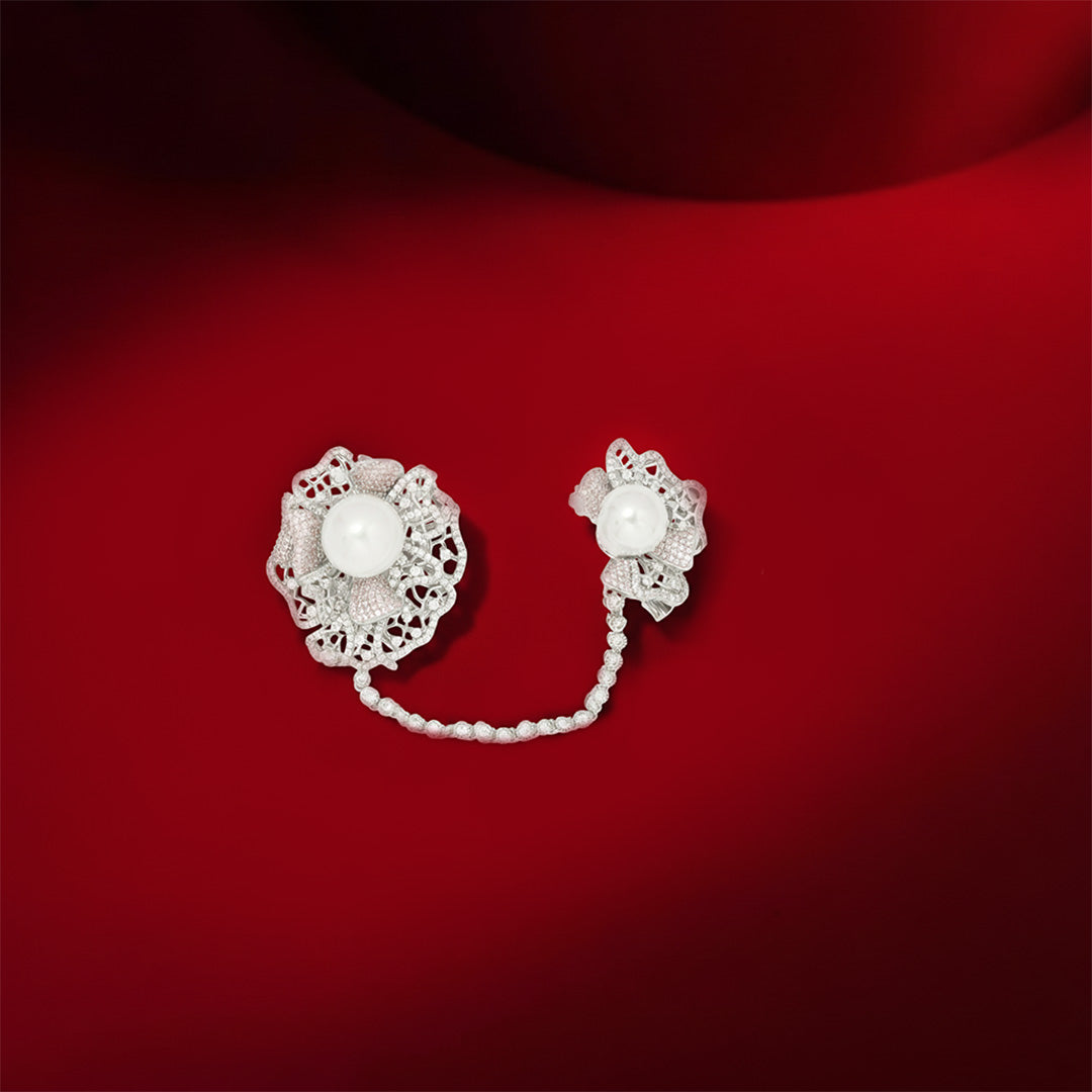 Bridal Blossom Dual Brooch Set with Chain – Silver-Tone Floral Brooch Pair with Pave CZ Detailing & Pearl Centerpiece | Elegant Bridal & Festive Jewellery Accessory