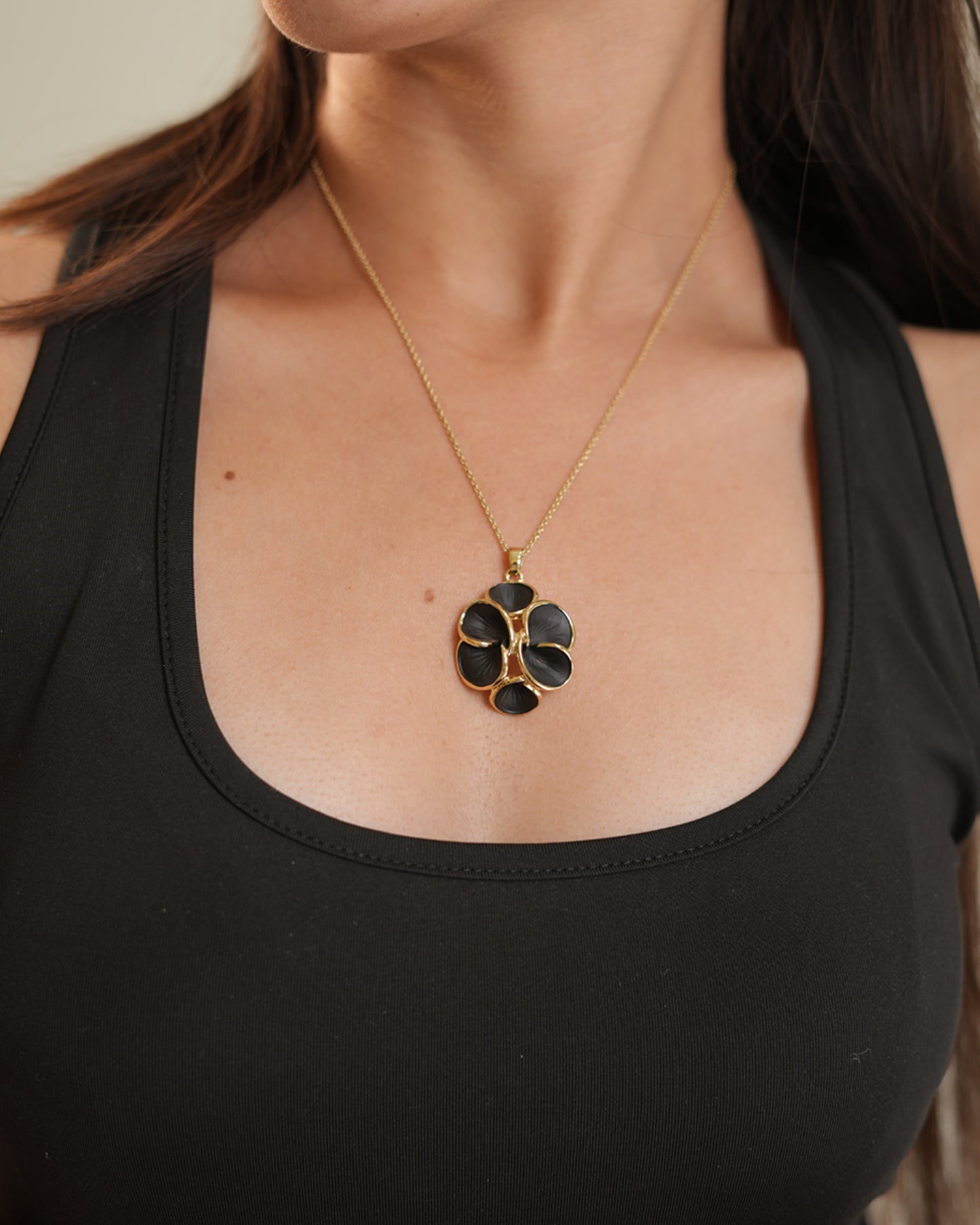 Gold Plated Black Enamel Floral Pendant Necklace with Matching Earrings | Elegant Jewelry Set for Women | Party & Everyday Wear