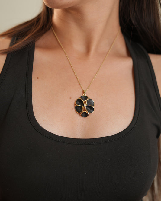 Gold Plated Black Enamel Floral Pendant Necklace with Matching Earrings | Elegant Jewelry Set for Women | Party & Everyday Wear
