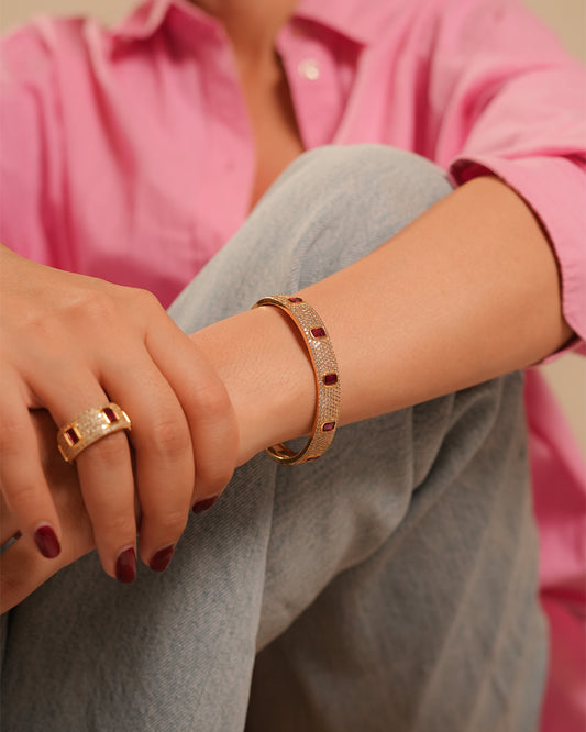 Gold Finish Bracelet and Ring Set with Rectangular Ruby Pink Stones and Diamond Look Detailing | Statement Luxury Jewelry for Weddings and Celebrations