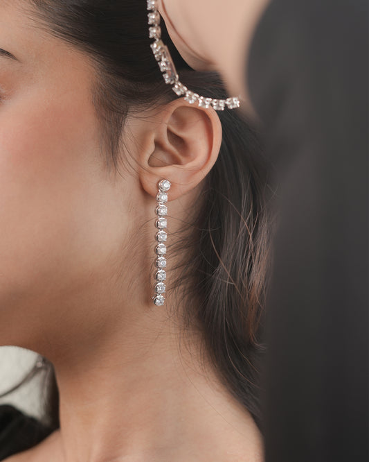 Glacier Drop Tennis Earrings | Silver-Tone Vertical Moissanite Style Drop with Round-Cut High-Brilliance Stones | Elegant Statement Earrings for Evening and Bridal Looks