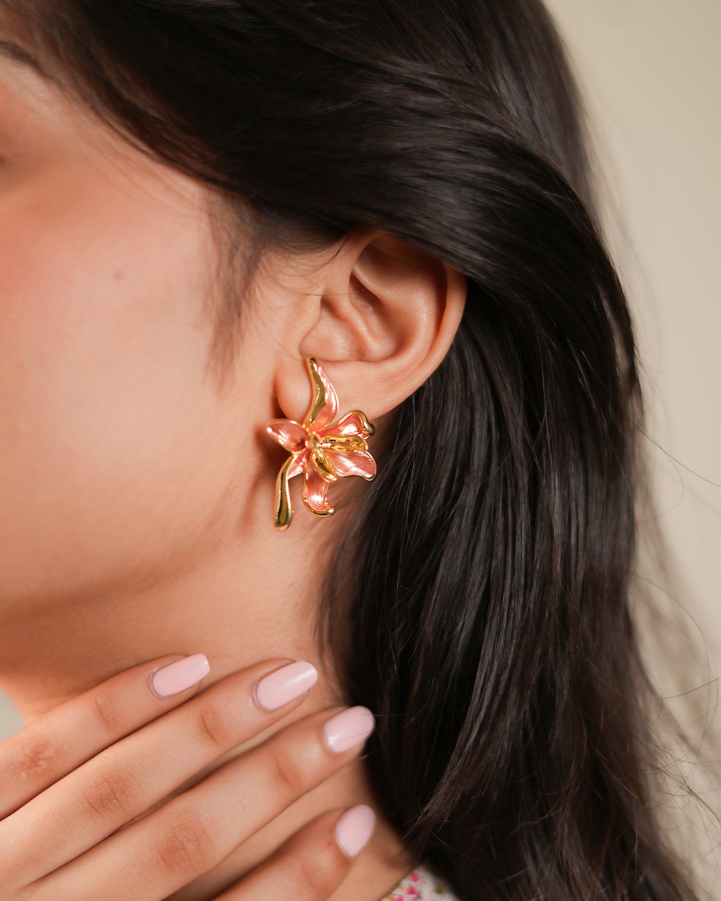 Artistic Gold-Plated Enamel Lily Flower Earrings with Hand-Painted Pink Accents