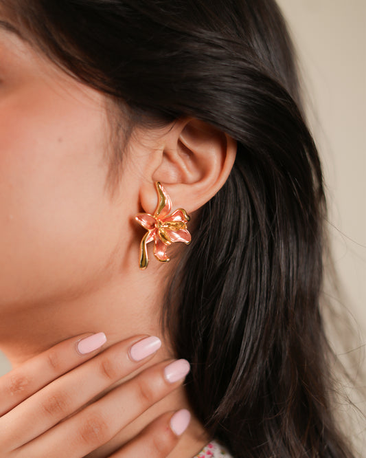 Artistic Gold-Plated Enamel Lily Flower Earrings with Hand-Painted Pink Accents