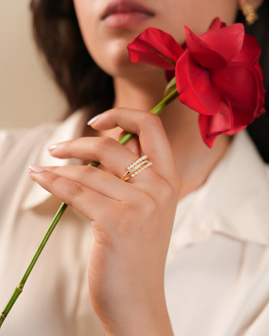 Triple-Row Pearl & Pave Ring | Gold-Tone Adjustable Wide Band with Central Pave CZ Row & Dual Pearl Borders | Luxe Statement Ring for Women