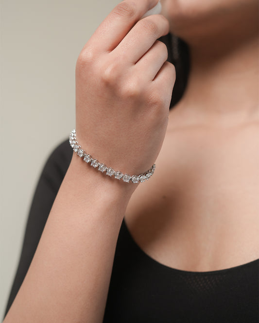 Classic Silver Tone Tennis Bracelet | Bright Silver Round CZ Tennis Chain with High Brilliance | Elegant Everyday and Evening Bracelet for Women