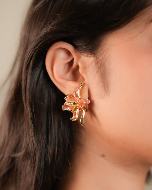 Artistic Gold-Plated Enamel Lily Flower Earrings with Hand-Painted Pink Accents