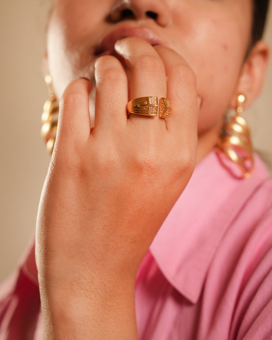 Gold-Plated Geometric Bracelet and Ring Set with Pavé Diamond Look Accents | Modern Statement Jewelry for Special Occasions
