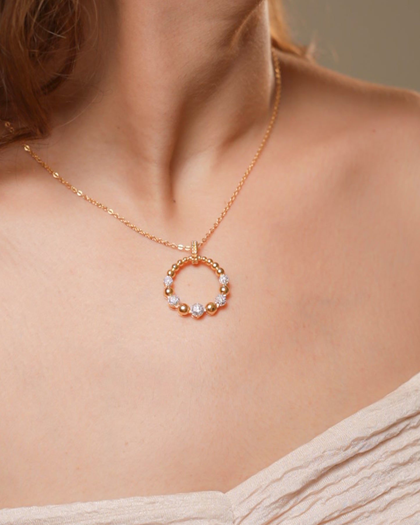 Gold Plated Beaded Circle Pendant Necklace and Earrings Set | Round Crystal Ball Jewelry Set for Women | Elegant Festive and Party Wear