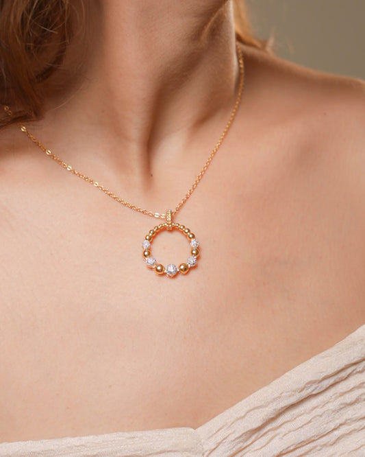 Gold Plated Beaded Circle Pendant Necklace and Earrings Set | Round Crystal Ball Jewelry Set for Women | Elegant Festive and Party Wear