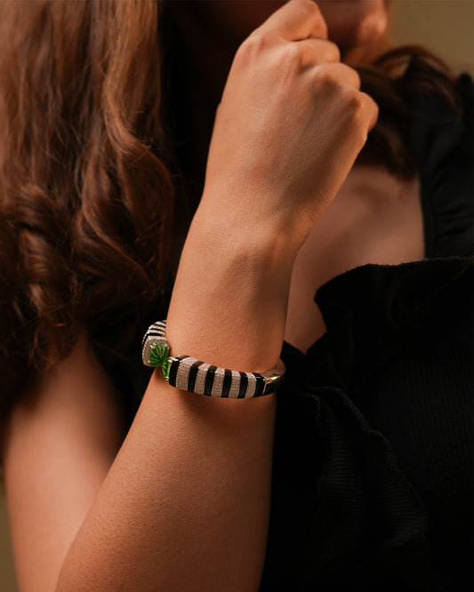 Silver Finish Open Cuff Bracelet with Black Enamel Stripes and Green Gemstone Tips | Modern Statement Jewelry for Bold Elegance
