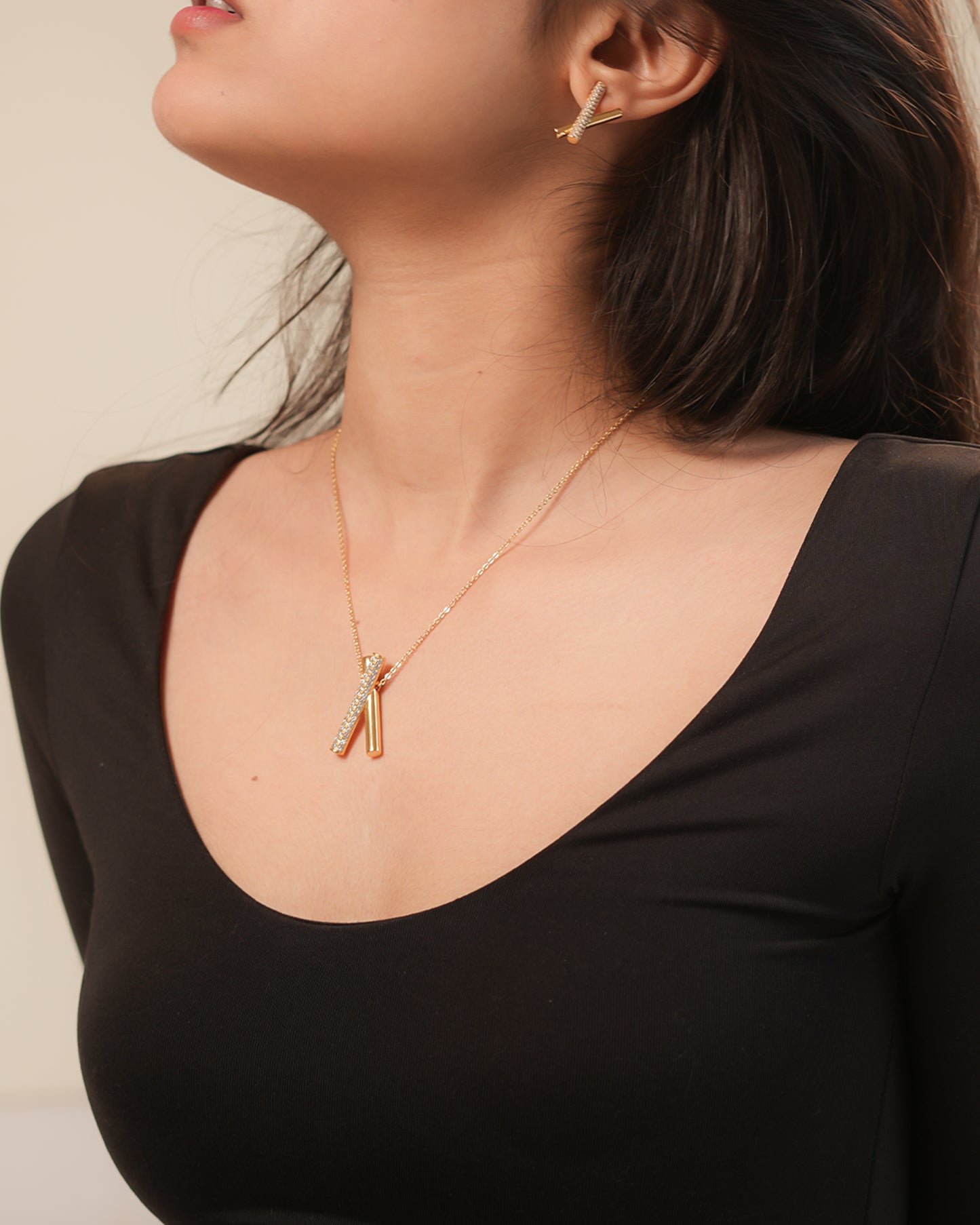 Cross-Bar Pendant Necklace and Earrings Set | Minimalist Stone-Studded Jewelry for Women