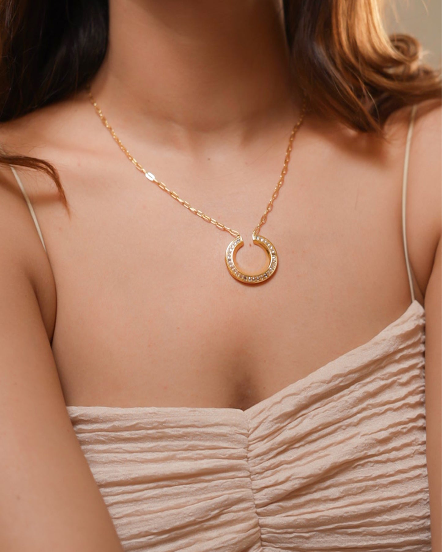 Gold Plated Half Moon Pendant Necklace for Women | Dainty Crystal Studded Chain Jewelry | Everyday & Party Wear