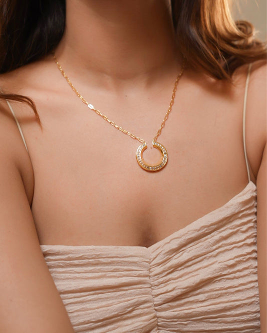 Gold Plated Half Moon Pendant Necklace for Women | Dainty Crystal Studded Chain Jewelry | Everyday & Party Wear