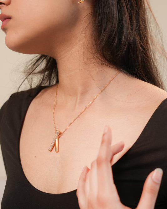 Cross-Bar Pendant Necklace and Earrings Set | Minimalist Stone-Studded Jewelry for Women