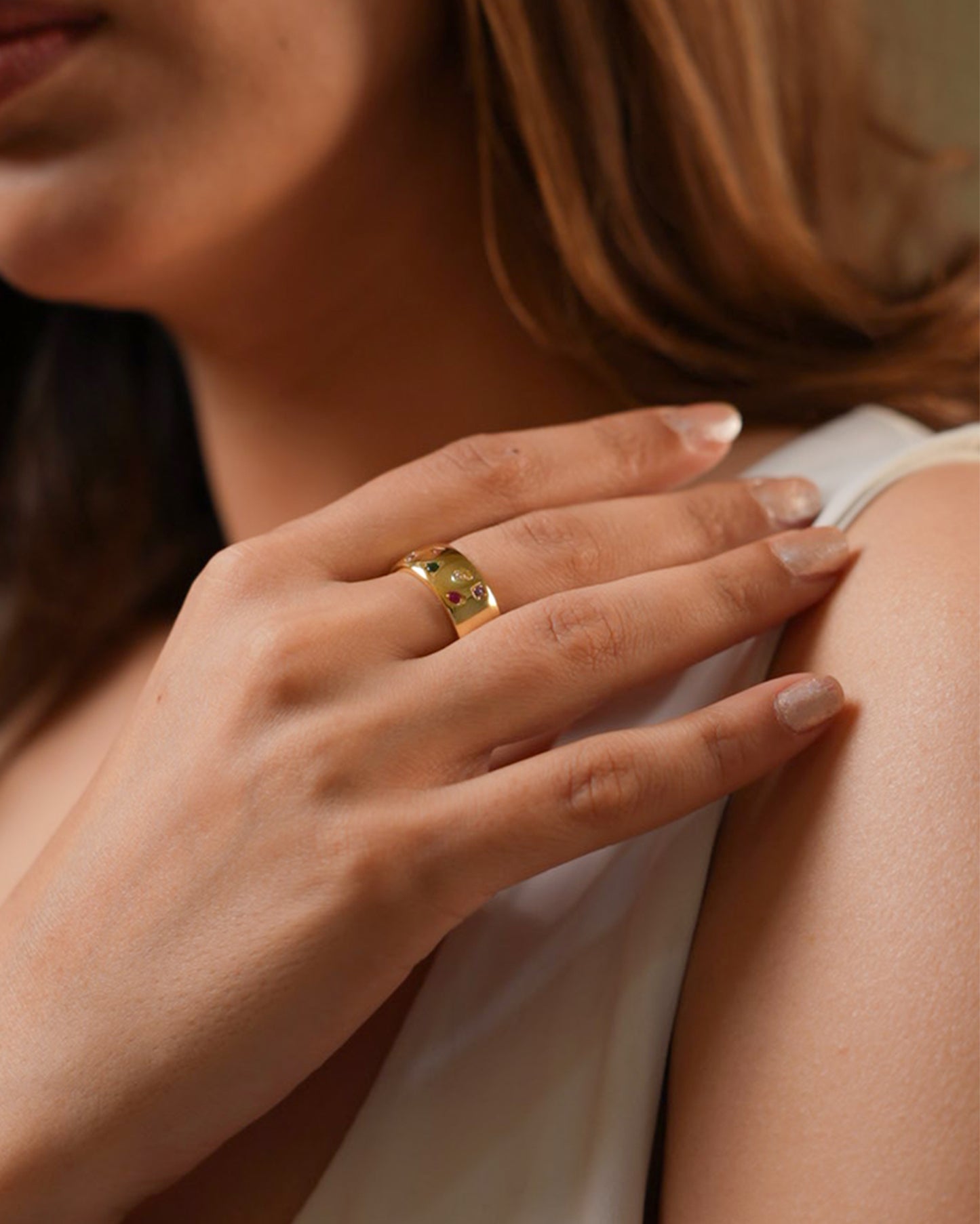 Gold Finish Colorful Gemstone Band Ring | Multi-Stone Statement Jewelry