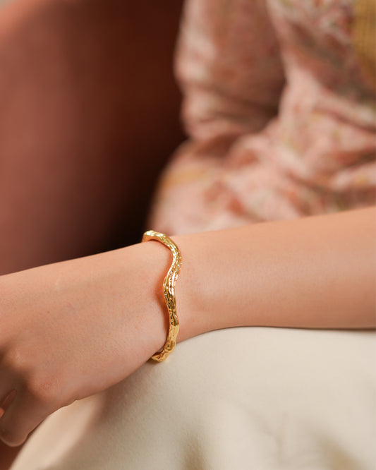 Textured Wavy Design Gold Open Cuff Bracelet for Women | Lightweight Adjustable Jewelry | Stylish Daily Wear and Party Accessory