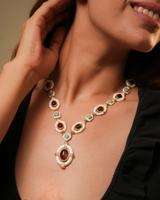 Vintage-Inspired Gold-Plated Necklace with Amethyst Purple Stones, Turquoise Accents, and White Enamel Detailing