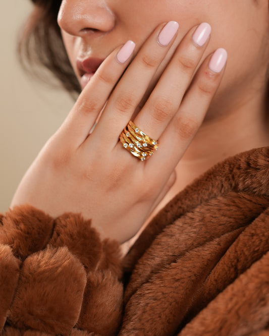 Multi Layer Textured Gold Finish Ring for Women with Crystal Highlights | Stylish Statement Fashion Jewelry for Party, Wedding, Daily Wear