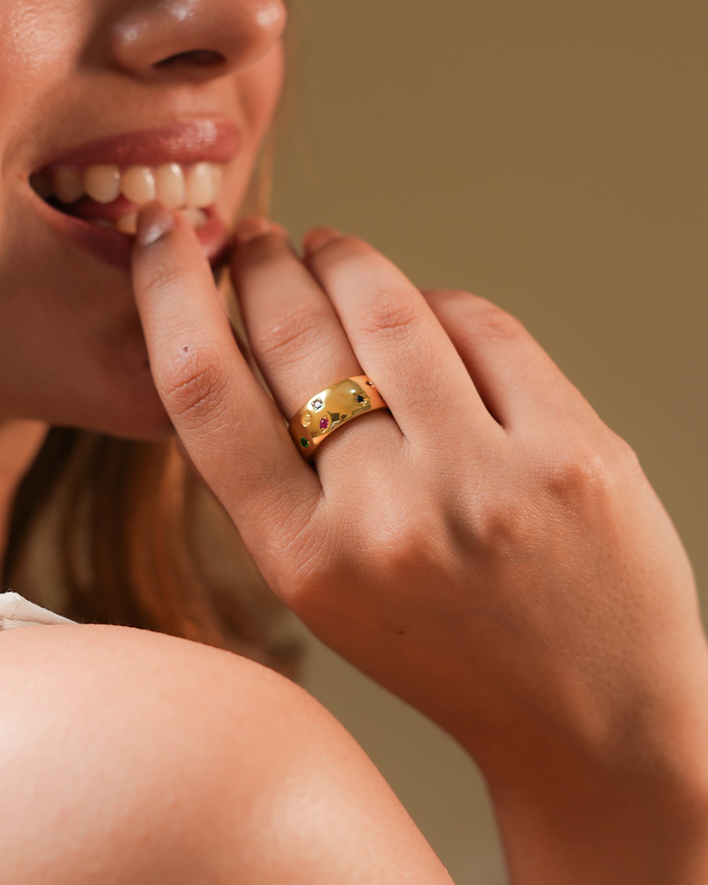 Gold Finish Colorful Gemstone Band Ring | Multi-Stone Statement Jewelry